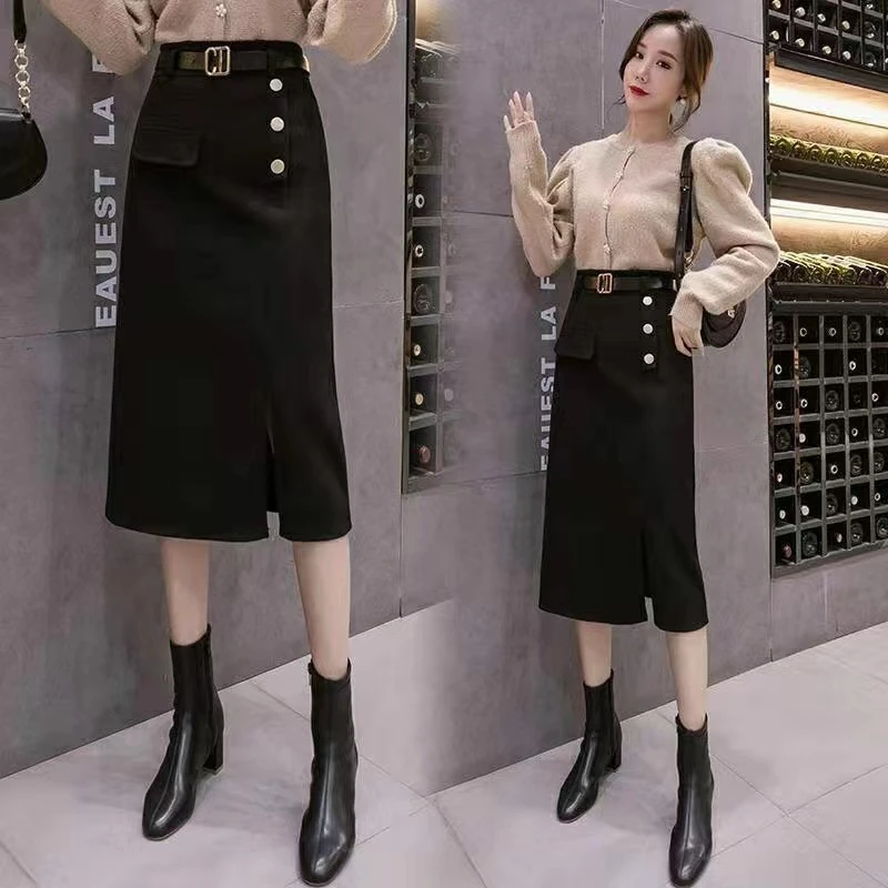 开叉半身裙2025春秋新款女装包臀裙中长款女高腰A字裙一步裙长裙