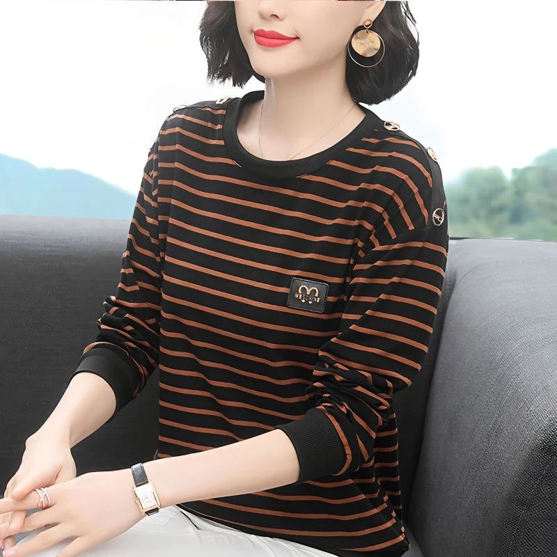 清仓福利95棉条纹长袖t恤女2025春季中年妈妈宽松女士打底衫上衣
