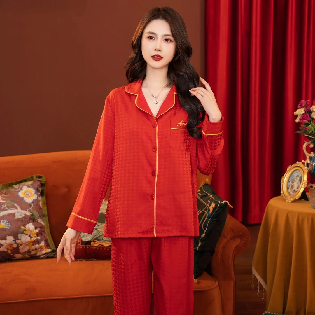 达芬奇密码情侣款红色简约千鸟格提花结婚本命年家居服睡衣套装