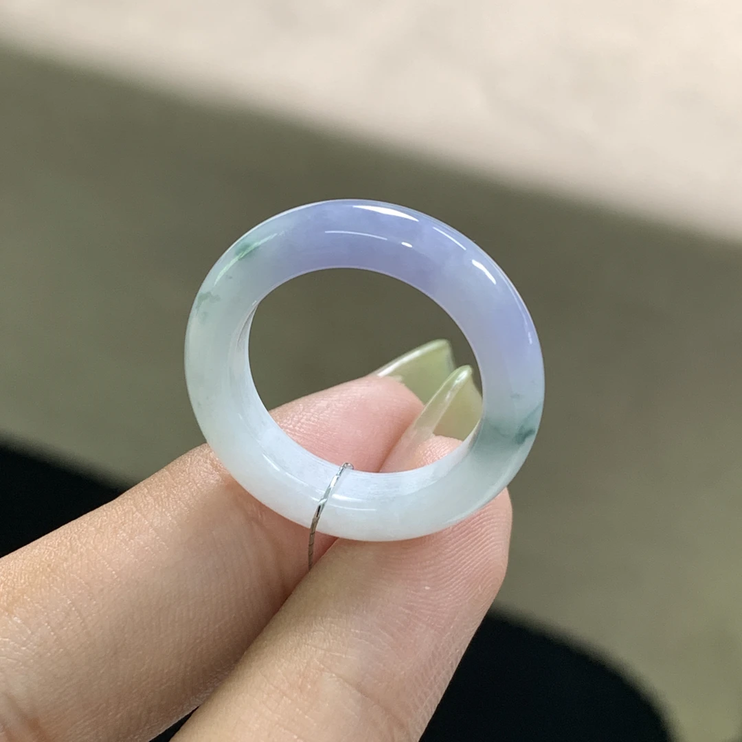 天然缅甸翡翠A货 13号圈口 紫罗兰带飘花 翡翠指环戒指