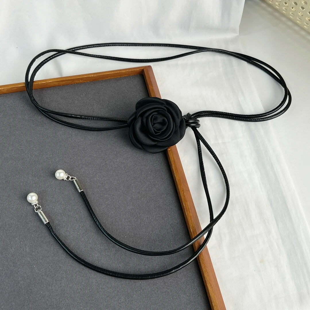 小香风山茶花朵装饰pu腰绳女甜美打结腰绳收腰装饰连衣裙半裙皮绳