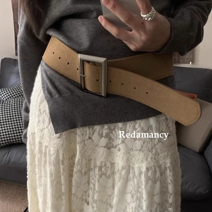 2025秋冬新款韩系反绒皮宽腰带高级简约色系百搭宽腰带腰封