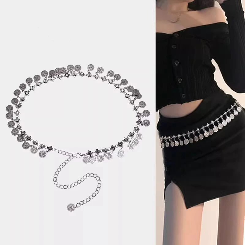 腰链配饰女银色金属流苏钱币装饰腰带配裙子波西米亚民族风复古潮