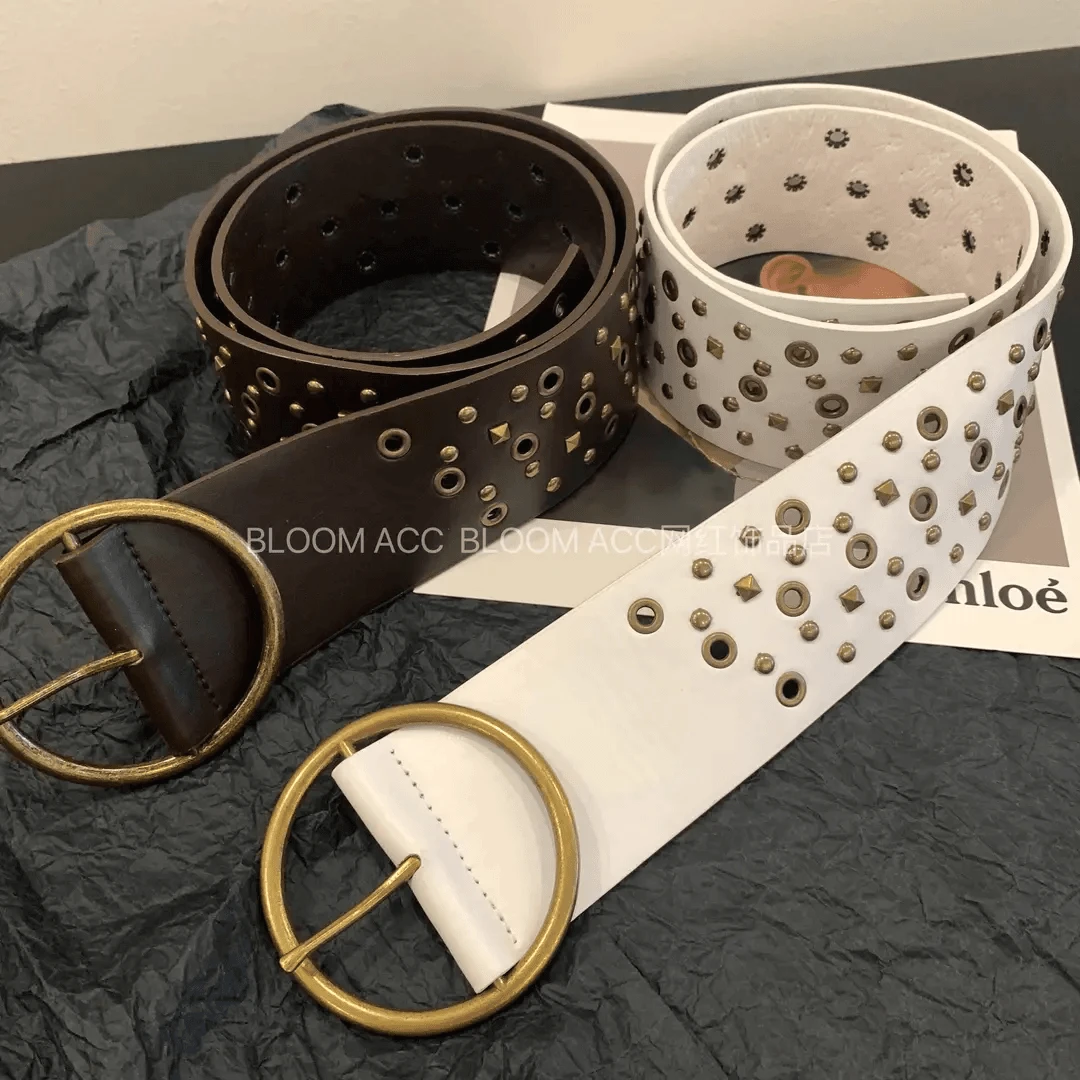 美式复古风铆钉圆环PU皮宽版腰带时尚个性辣妹女装束腰配饰皮带