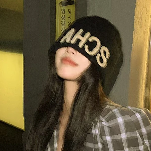 【uu潮人馆】黑色小香毛线帽子女秋冬百搭冷帽大头围堆堆帽保暖帽子