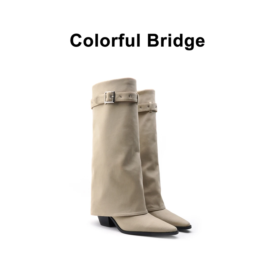 Colorful Bridge丨裤管靴设计师款皮带扣长靴 卡其色粗跟女士高靴