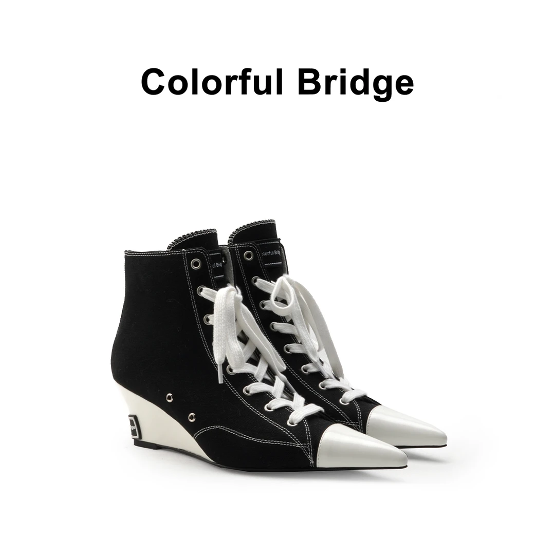 Colorful Bridge丨设计师款高帮系带帆布鞋 尖头坡跟黑色女士短靴