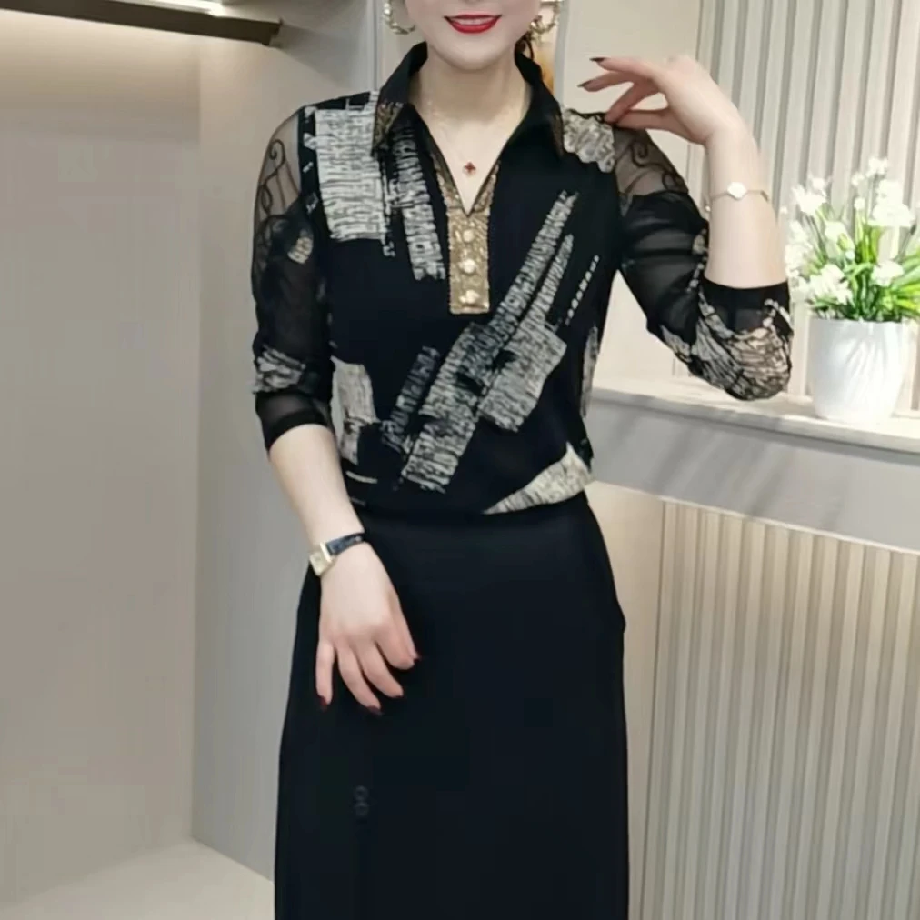 2024新款欧版洋气剪刀口衬衫领小衫百搭气质显瘦印花衬衫