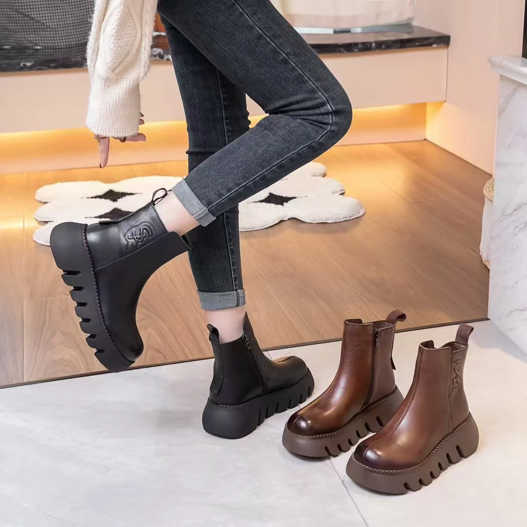 英伦风手工真皮圆头短靴侧拉链厚底坡跟女靴8621-38