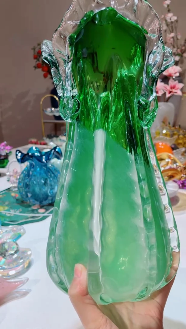 【闪购商品】琉璃手工艺品32cm绿白菜花瓶