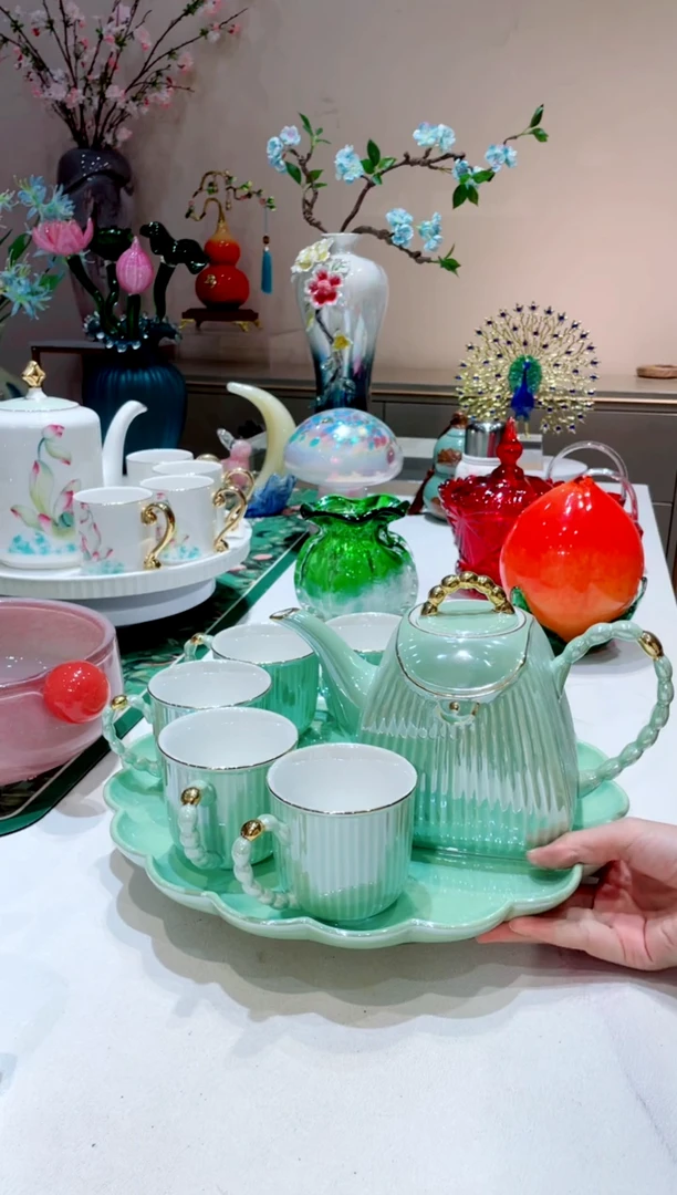 【闪购商品】琉璃手工艺品 绿色 包包茶具 套装