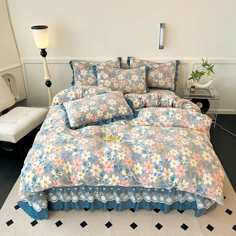 加厚床盖款牛奶绒四件套加绒保暖被套夹棉床盖床裙床品套件可机洗