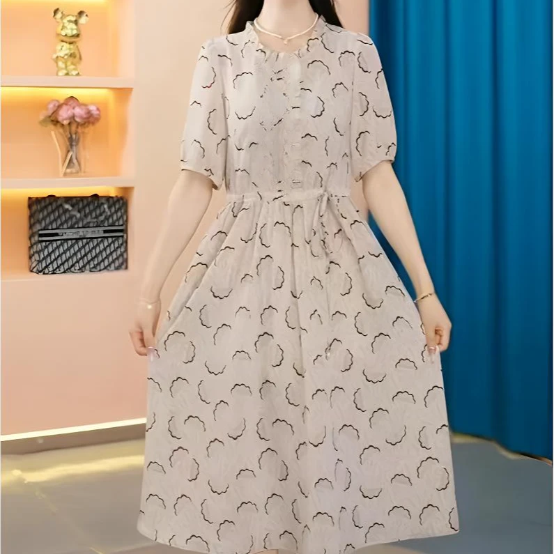雅丹【时装高定款】白云朵气质修身夏季印花连衣裙女装大码连衣裙