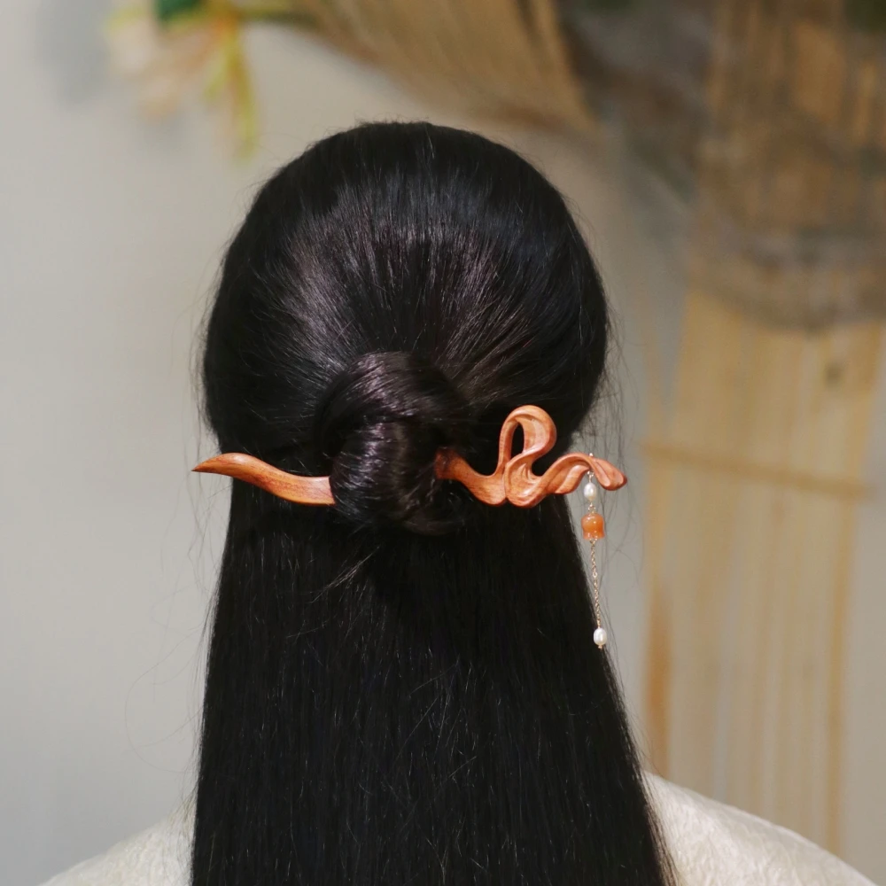 隐木原创【等风来】风铃簪非洲酸枝手工原木飘带簪灵动缠绵趣味簪