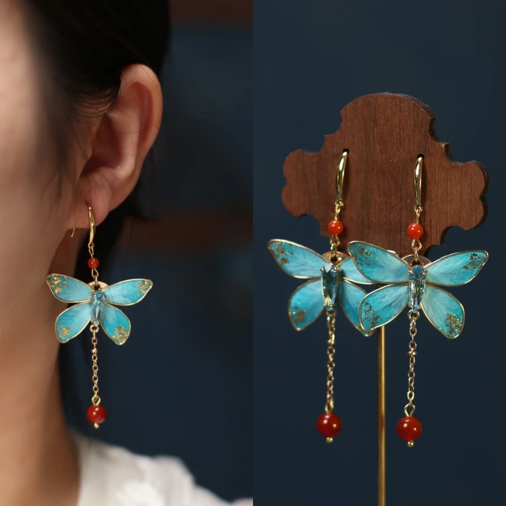 隐木 非金属木质耳饰 【福蝶绵绵】非遗桑蚕丝绒花仿点翠蝴蝶耳环
