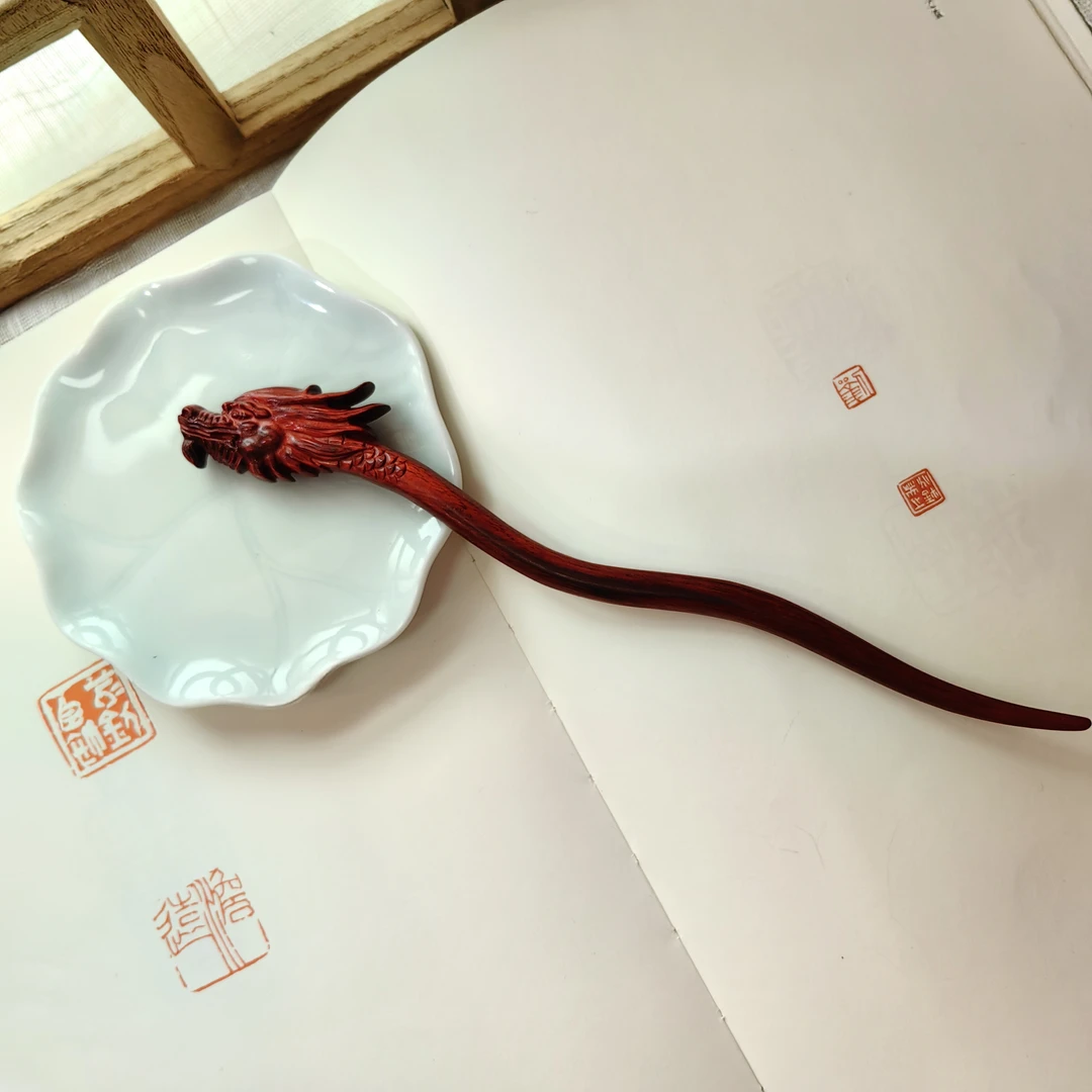 隐木【龙吟】原创喜庆红龙发簪20cm新春伴手礼发簪节日礼物犀角紫檀