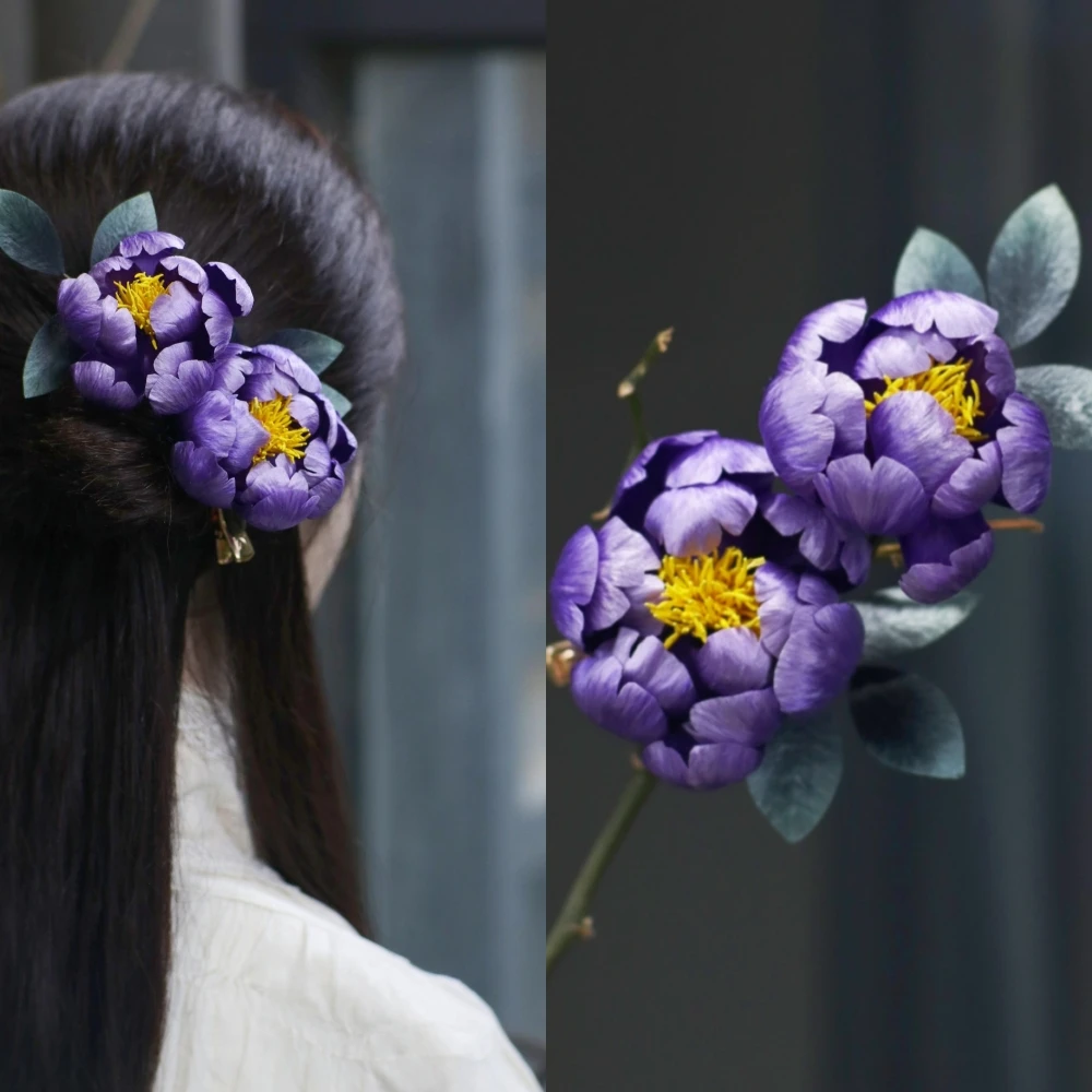 隐木【芍药】非遗桑蚕丝绒花芍药发夹中式大气