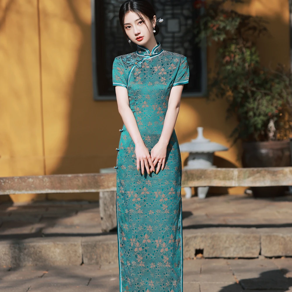 24802 长款【碧水青山】高端优雅气质女人中国风旗袍 长约125cm