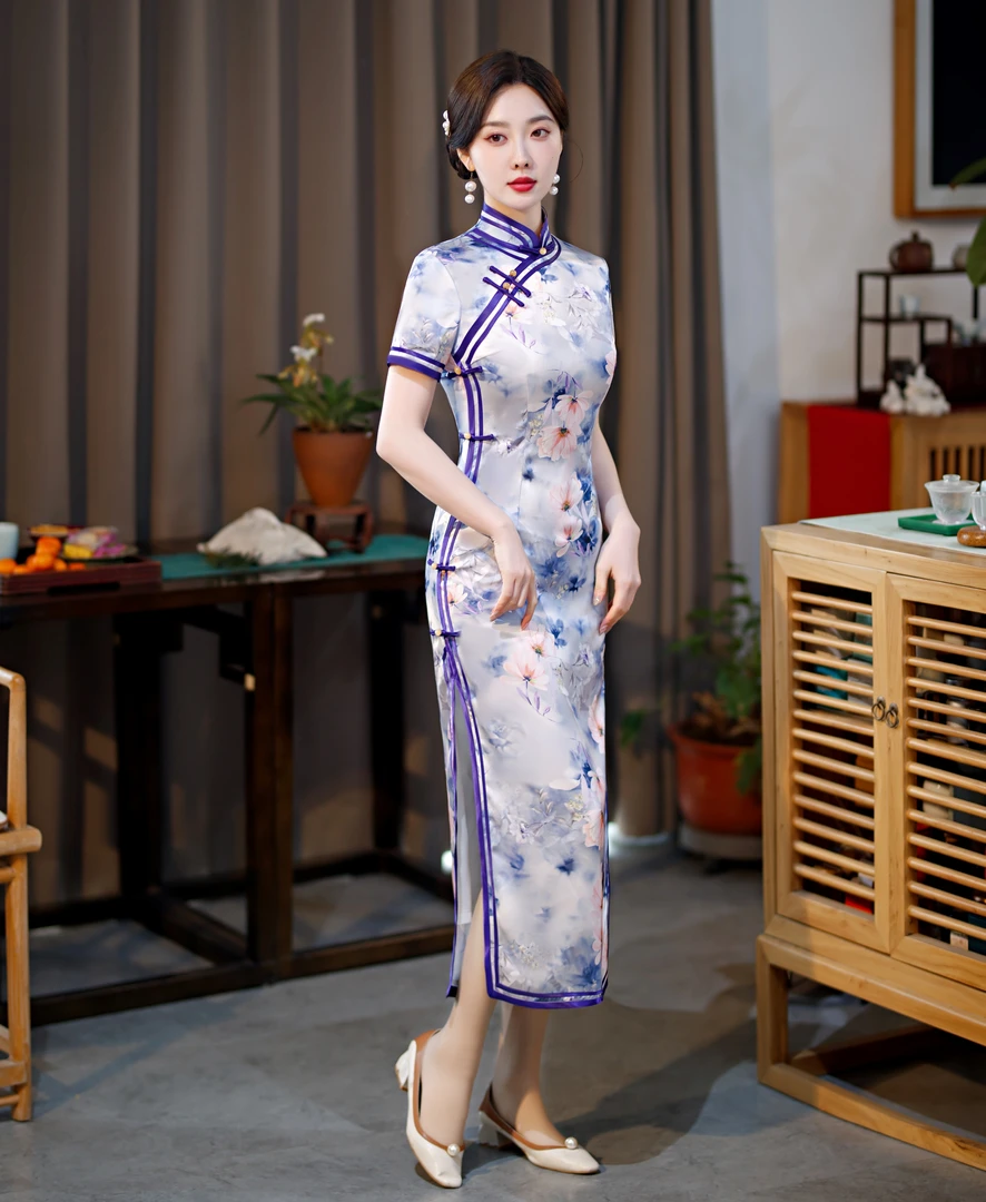23217 长款 紫影 气质复古修身优雅印花双层 旗袍 长约125cm