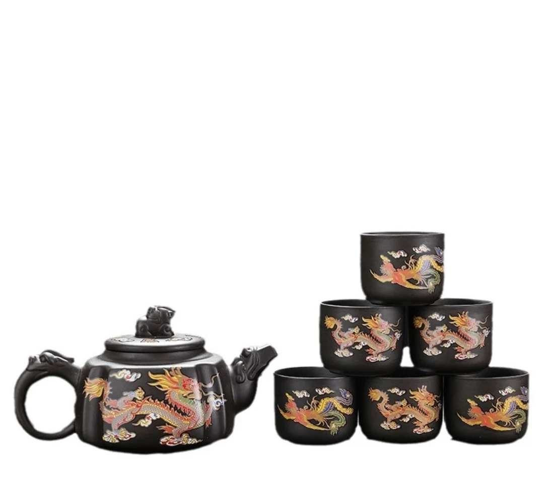 龙凤呈祥330cc四方凤鸣壶(一壶六杯龙凤扳指变色杯)