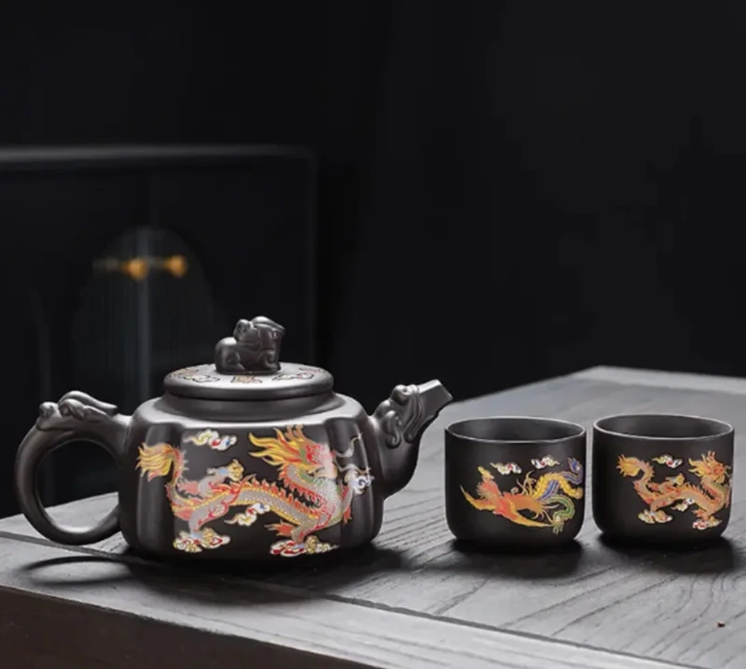 龙凤呈祥330cc四方变色紫砂壶一壶两杯（变色扳指对杯）家用