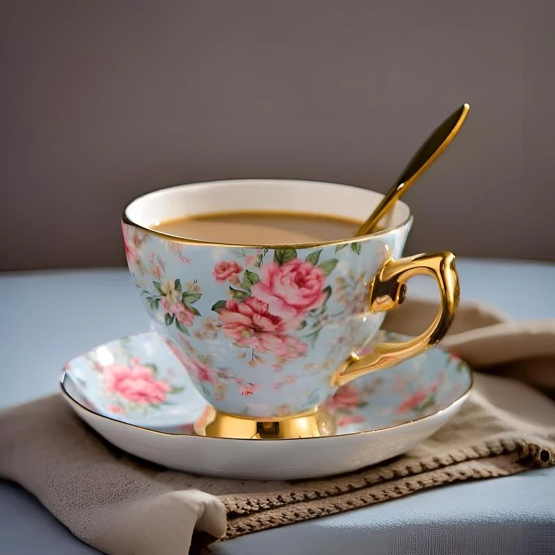 家用德式高档碟套装蓝底色玫瑰花花茶杯家用小奢华骨瓷金边下午茶
