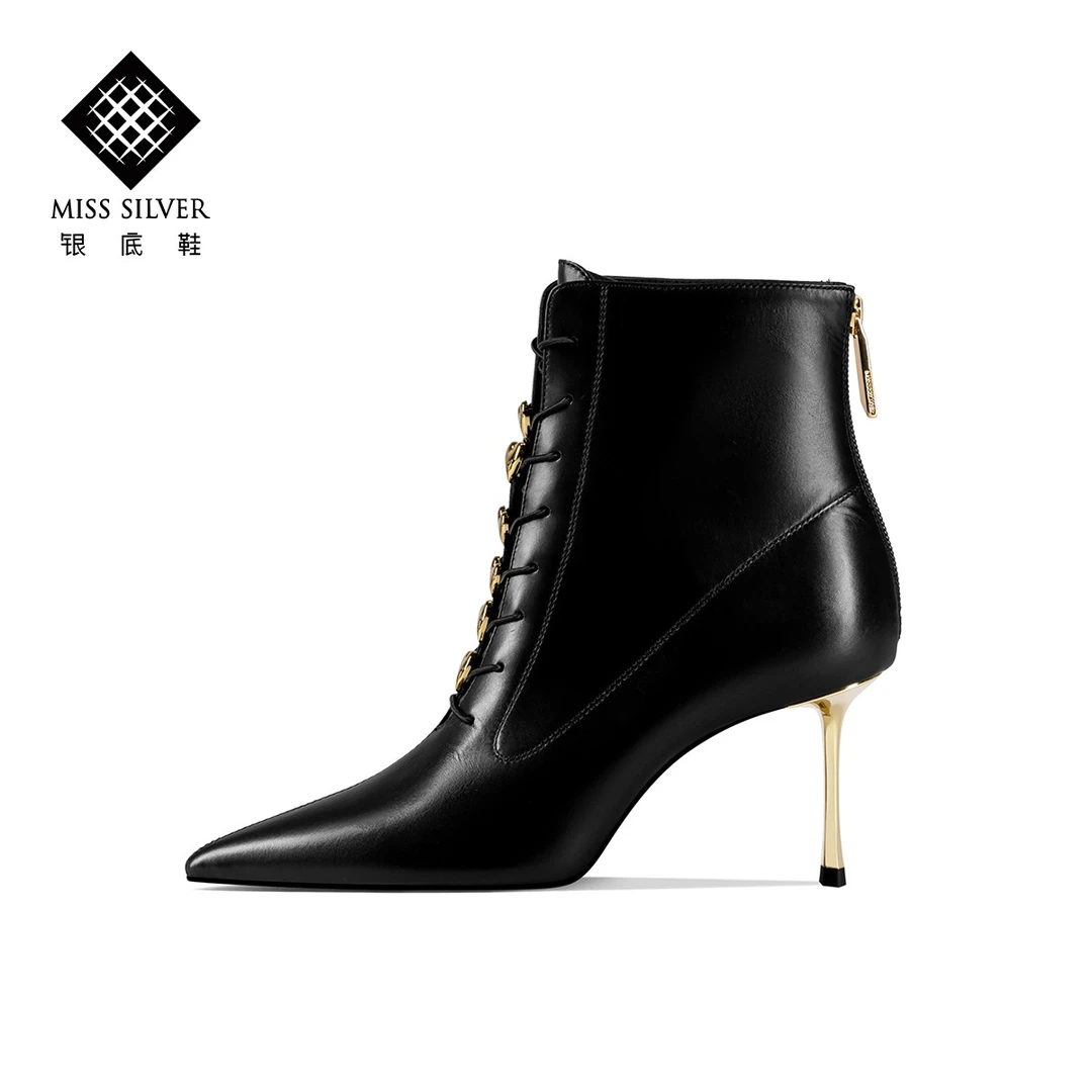 MISSSILVER尖头高跟时装短靴女2023高端新款细跟真皮系带马丁靴