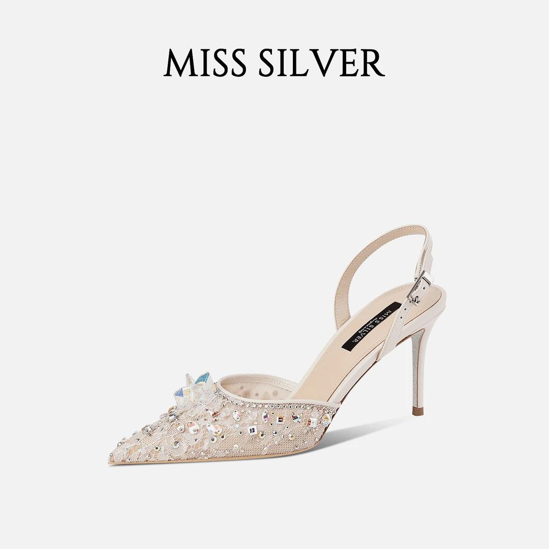 MISSSILVER水钻包头凉鞋女2024年夏季中空尖头细跟一