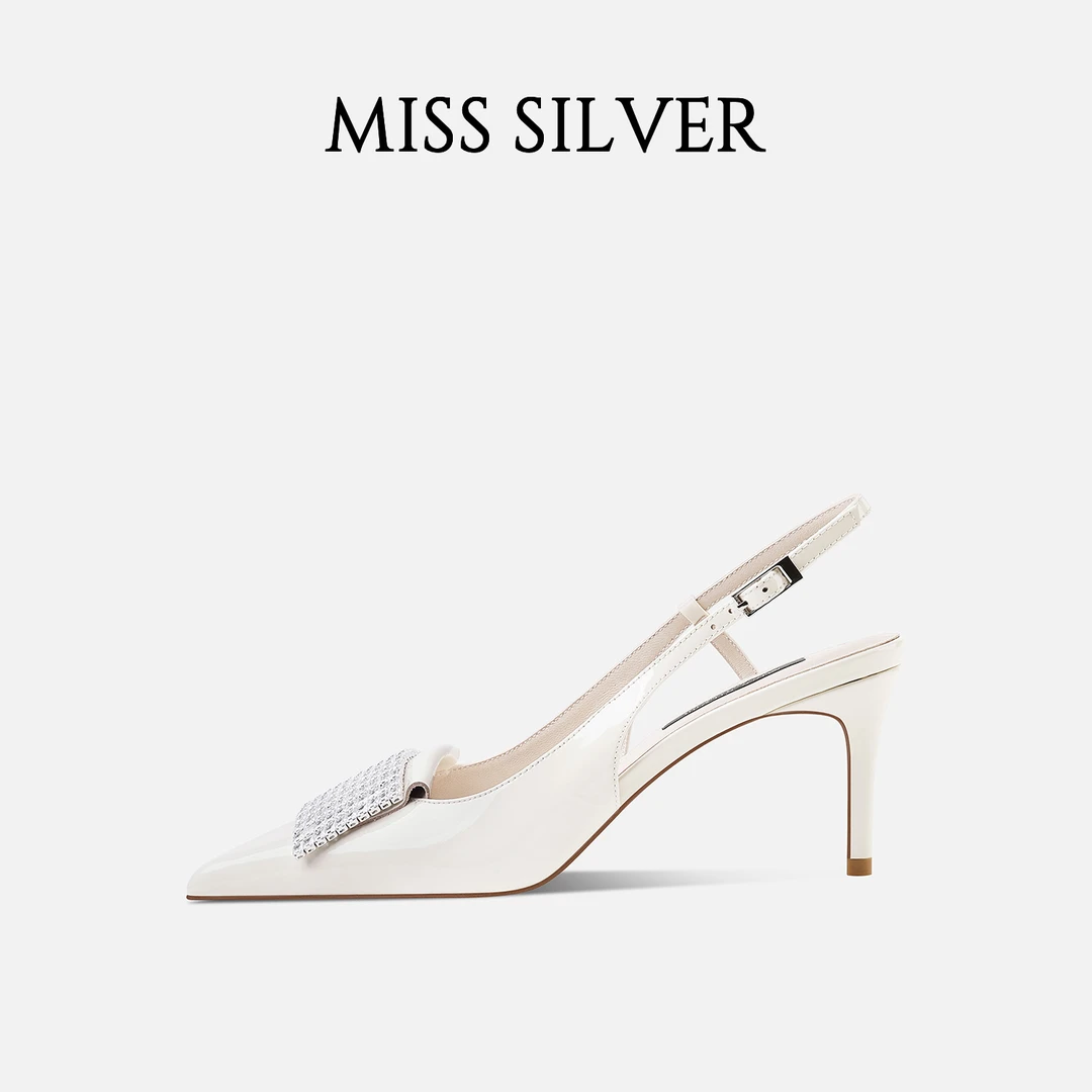MISSSILVER尖头水钻高跟鞋女2024年夏季新款真皮细跟包头漆皮凉鞋