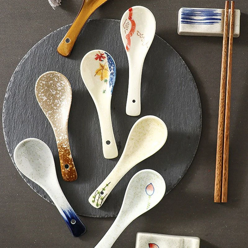 餐具家用可爱陶瓷吃饭汤勺日式粥勺长柄釉下彩喝汤饭勺子中式勺子