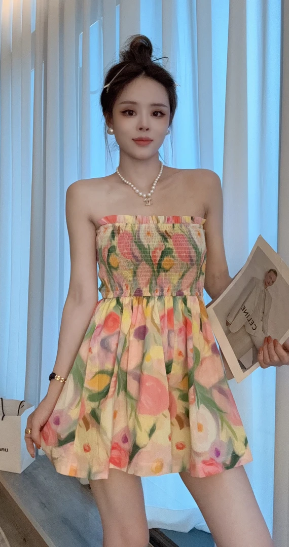 【晓溪服饰】2024春夏季新款百搭时尚碎花抹胸女装连衣裤 Q88808