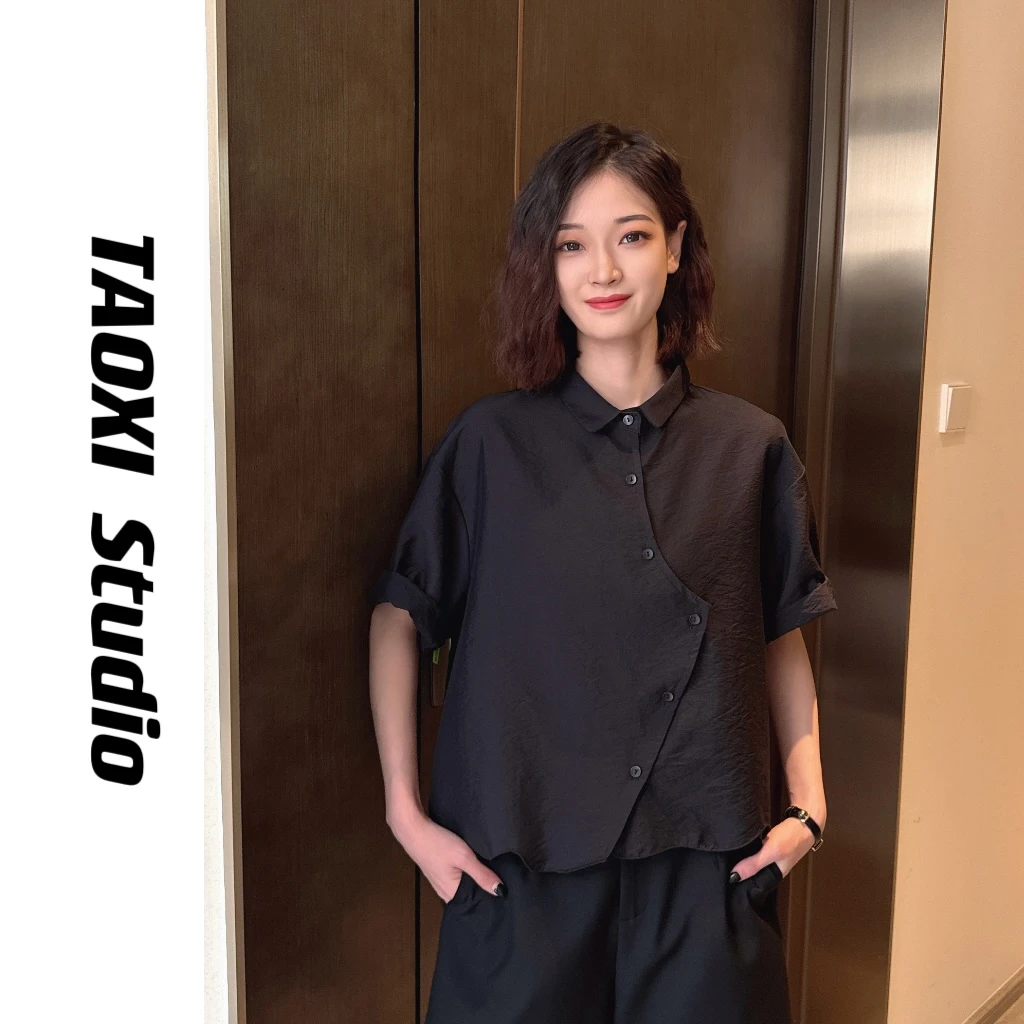 [TAOXI]2024夏季新款单排扣设计感短袖简约下摆飘逸衬衫