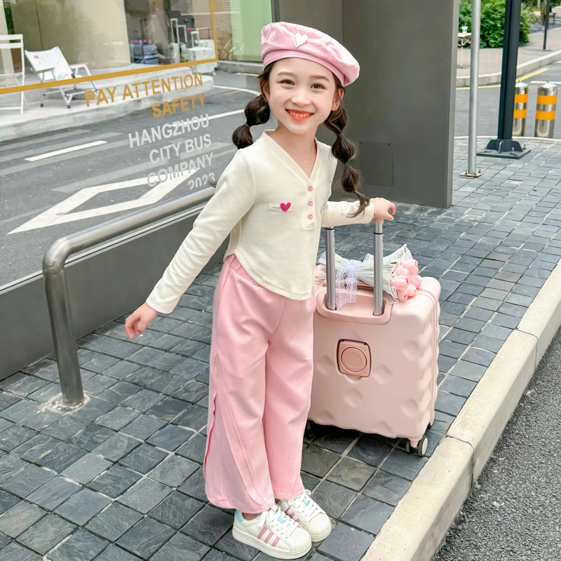 2024秋季最新款韩版中小童女童爱心阔腿裤套装洋气休闲女童套装