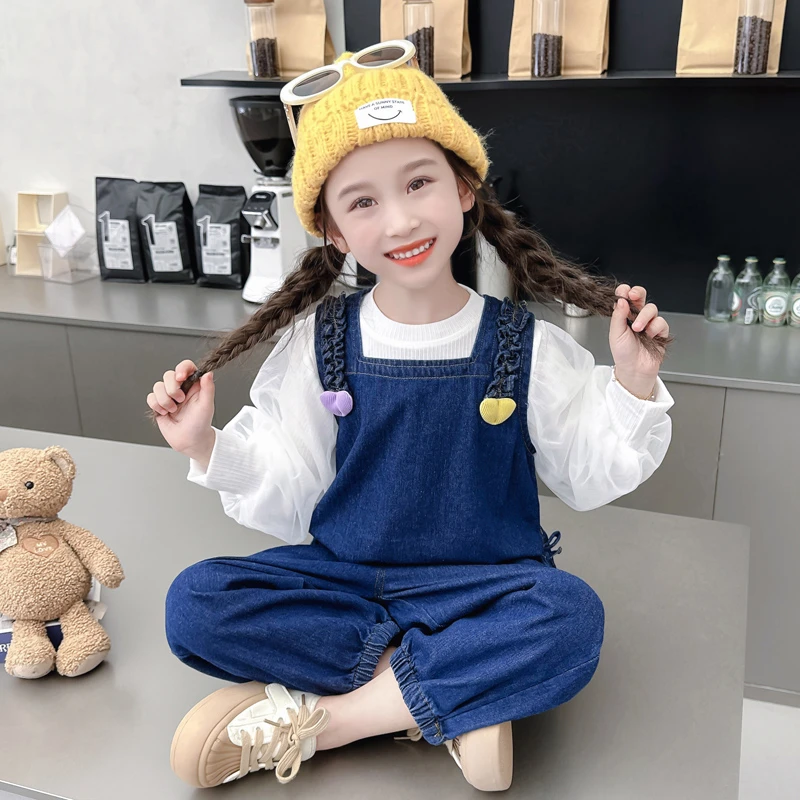 2024秋季中小童女童新款洋气爱心牛仔三件套时尚潮流女童套装