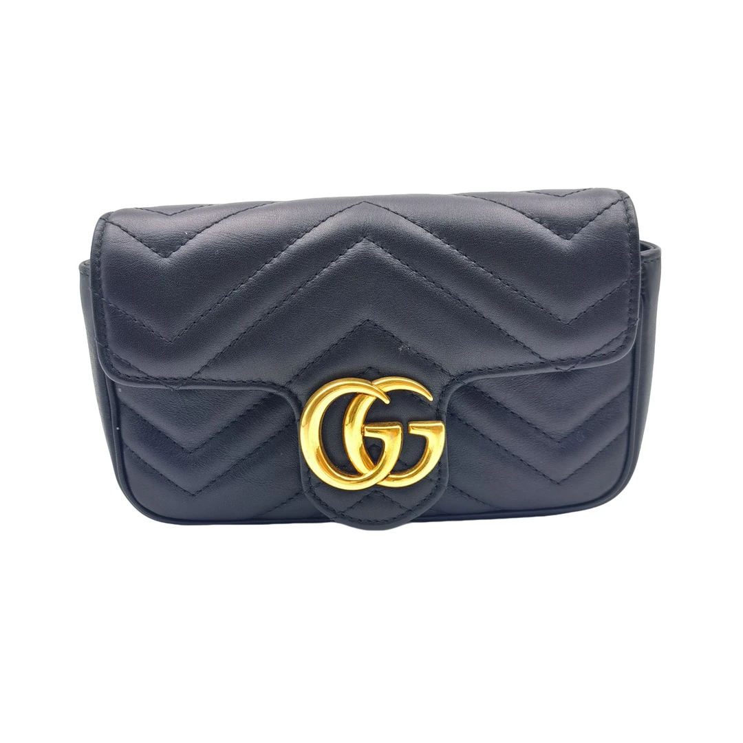 95新 GUCCI/古驰 黑色马蒙mini经典翻盖单肩奢侈肩包黑金经典高级