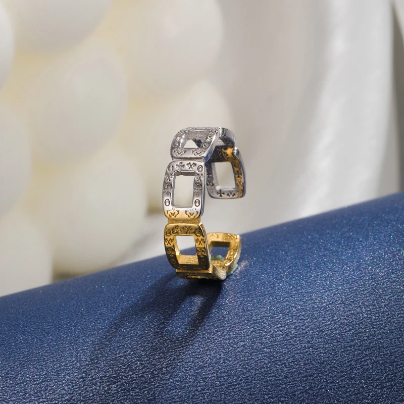 925银戒指 HQL640【金银撞色方块镂空涂鸦戒指】银女个性简约