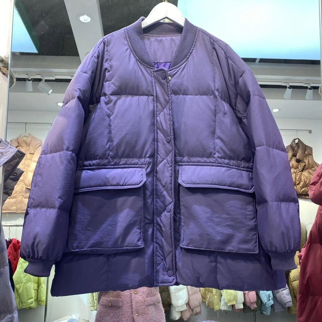 2023年新款宽松显瘦休闲时尚棒球领羽绒服女短款大口袋螺纹领