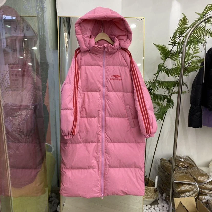 厂家直销支持一件代发韩版经典三道杠羽绒服长款过膝外套女2023冬