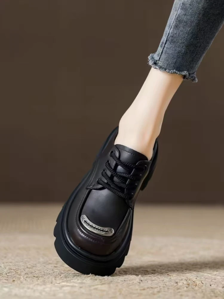 2024新款配裙子乐福鞋金属系带单鞋英伦风厚底增高小皮鞋女鞋A921