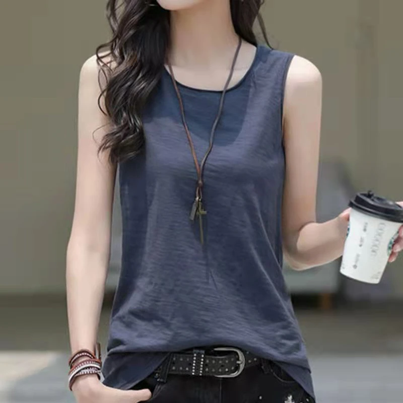 竹节棉纯色百搭吊带背心女上衣外穿2025夏季薄款宽松纯棉无袖T恤