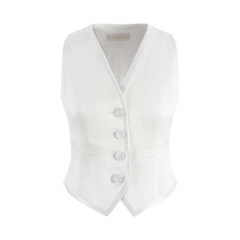 MAGGIE MA马婧设计师款法式V领时尚叠穿无袖单排扣马甲背心528S