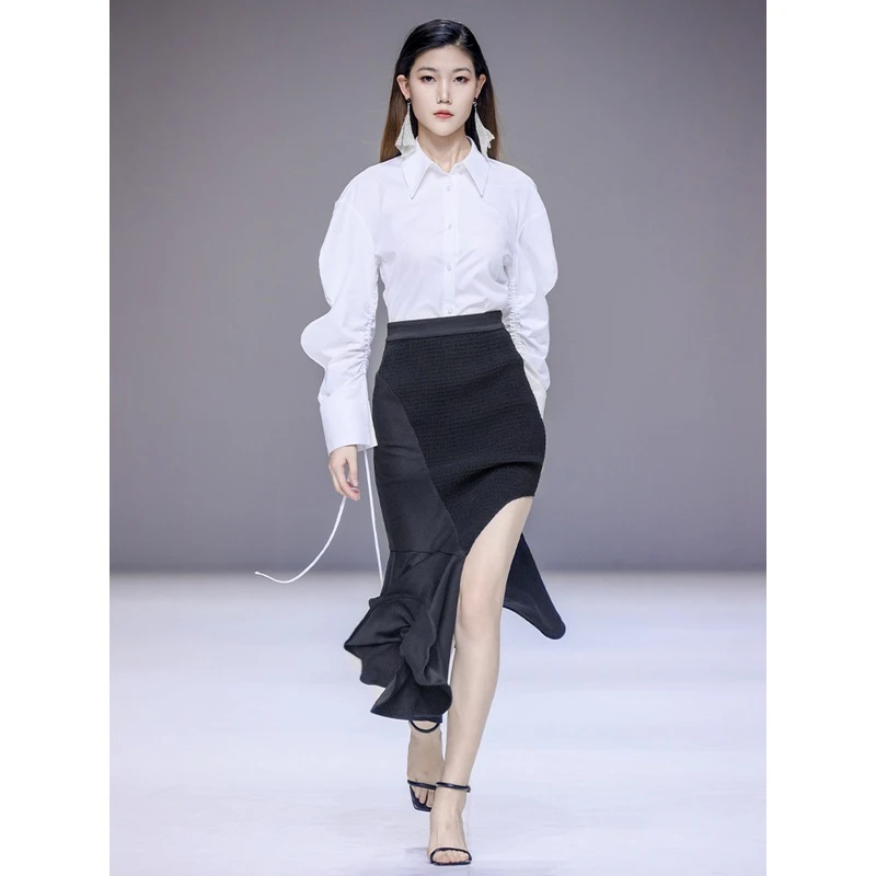 MAGGIE MA设计师款黑色神秘复古优雅不规则鱼摆显瘦半身裙618B