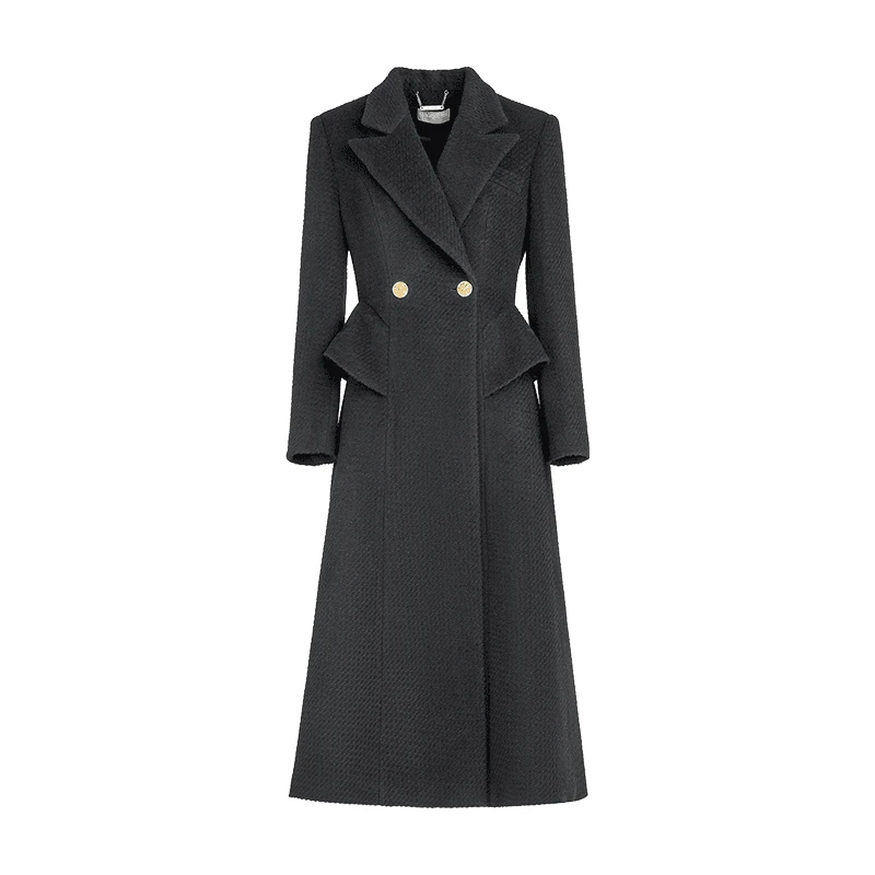 MAGGIE MA设计师款经典雅黑色沉稳伞状口袋毛呢外套100C