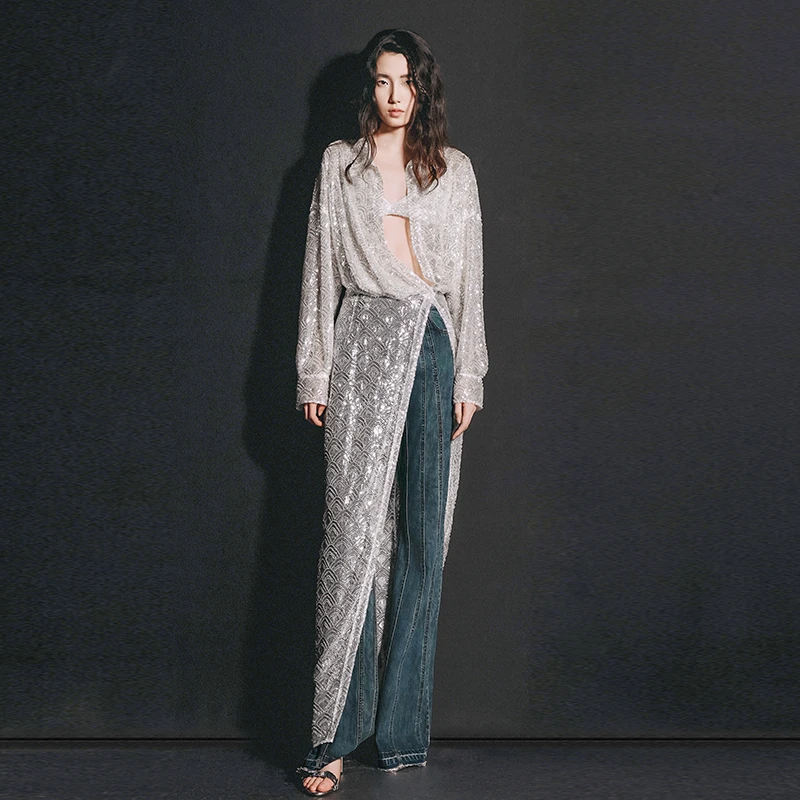 MAGGIE MA马婧设计师款经典复古蓝独特不规则斜扣新款牛仔裤536P