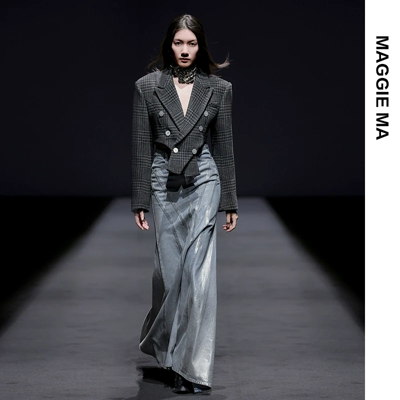 MAGGIE MA马婧设计师款时尚质感不规则气质千鸟格西装短外套756C