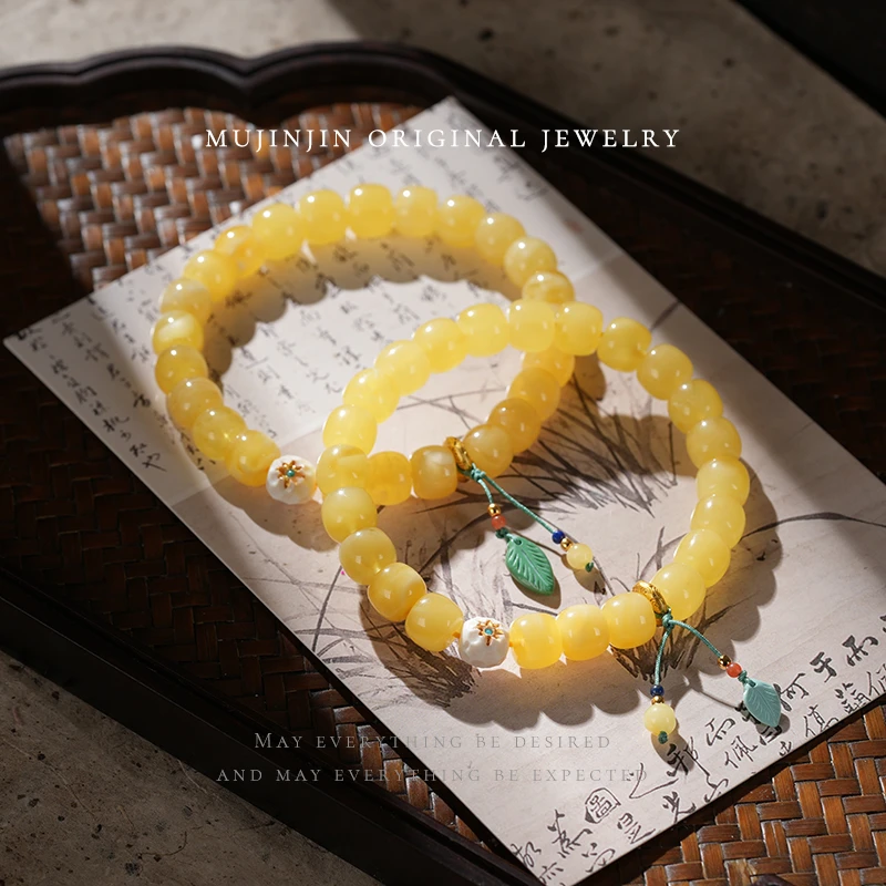 【木槿槿】天然白花蜡蜜蜡手链女款约8m设计款手串QS2784多样性发一