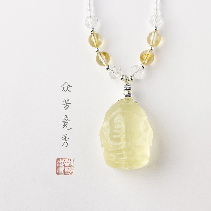 【木槿槿】天然黄水晶象神吊坠女款轻奢时尚百搭雕刻设计项链KQ1117