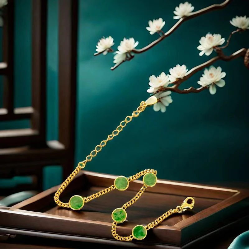 天然缅甸A货翡翠满色五圆牌手链精致时尚百搭款