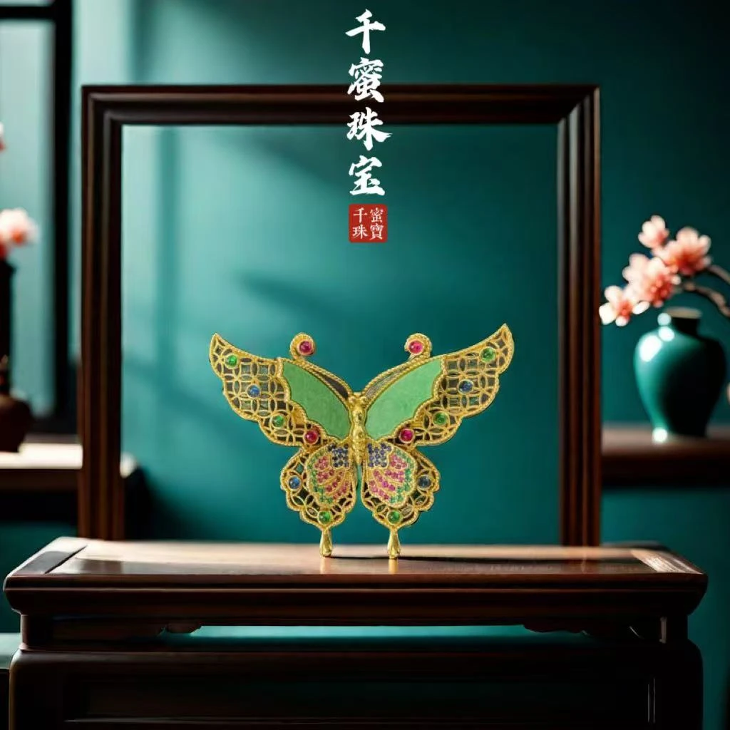 天然翡翠A货翡翠花青蝴蝶彩钻925银豪镶百搭胸针吊坠气质轻奢