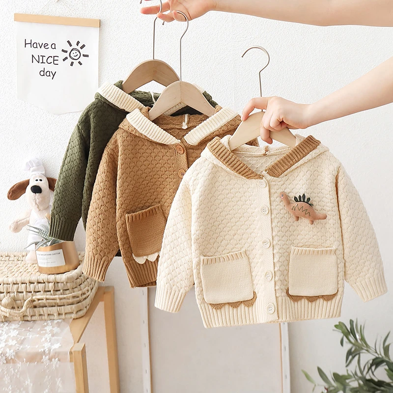 男童毛衣开衫帽衫洋气小童秋装外搭2024新款儿童针织外套连帽恐龙